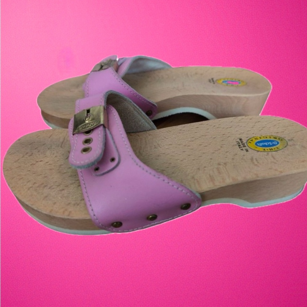 Vintage Dr Scholls Wooden Clogs Sandals Womens 6 Pink Leather Slip On Italy